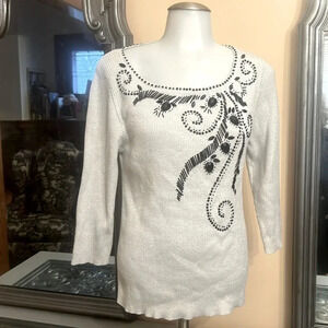 Lauren Michelle beaded silver thread 3/4 sleeve ribbed sweater top